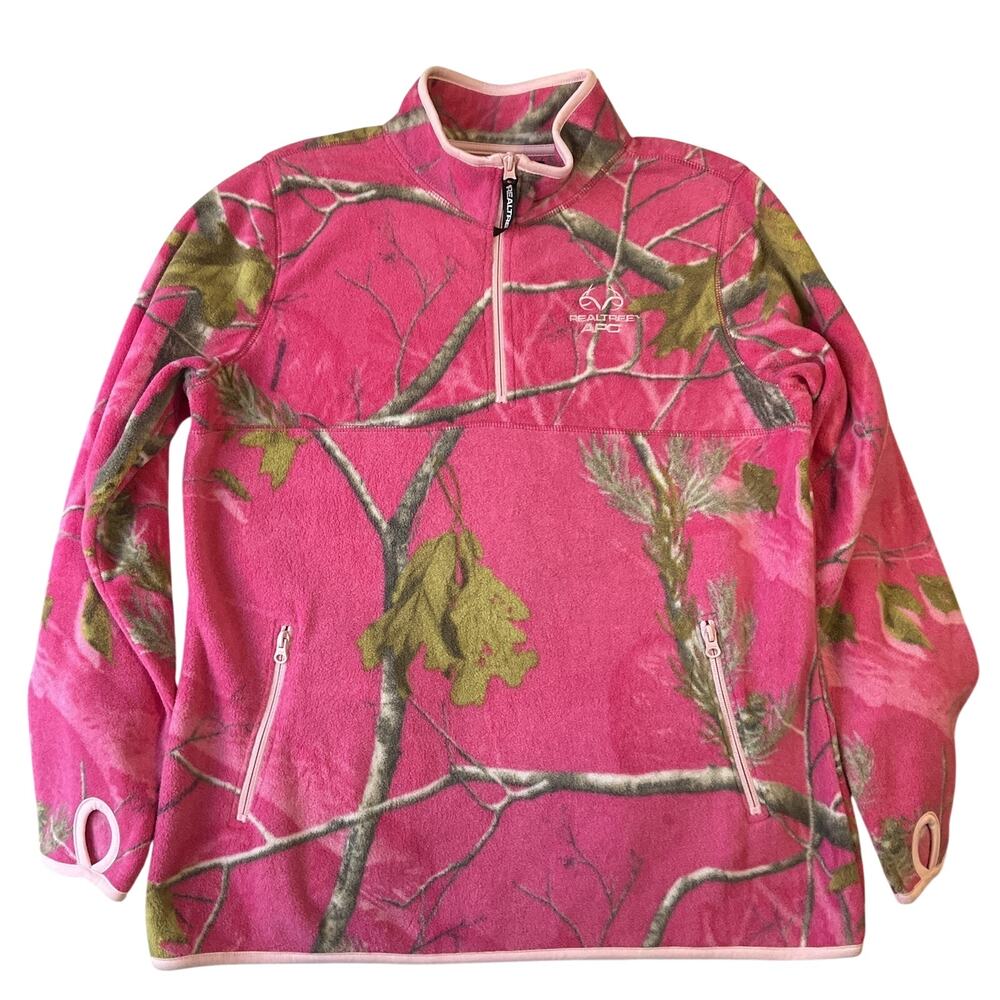 Realtree Women Sweatshirt L (12-14) Pink Camouflage Fleece Activewear 1/4 Zipper